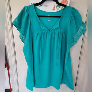 St. John's Bay Turquoise Short Sleeve V-Neck Blouse in Size 1X